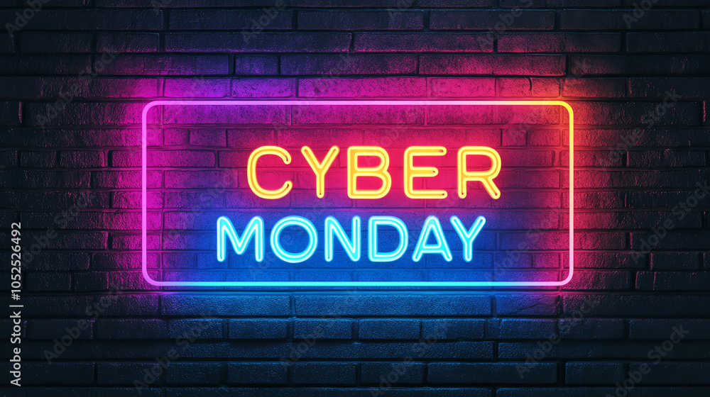 Cyber Monday Neon Sign on Brick Wall Background Cyber Monday Neon Sign on Brick Wall Background