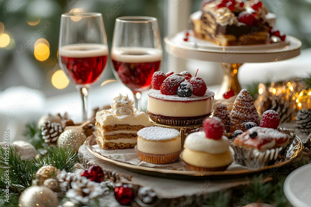 Festive holiday dessert table with cakes, pastries, and drinks Festive holiday dessert table with cakes, pastries, and drinks