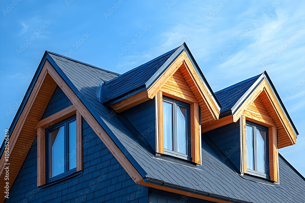 Modern house roof with wooden accents against a clear blue sky Modern house roof with wooden accents against a clear blue sky