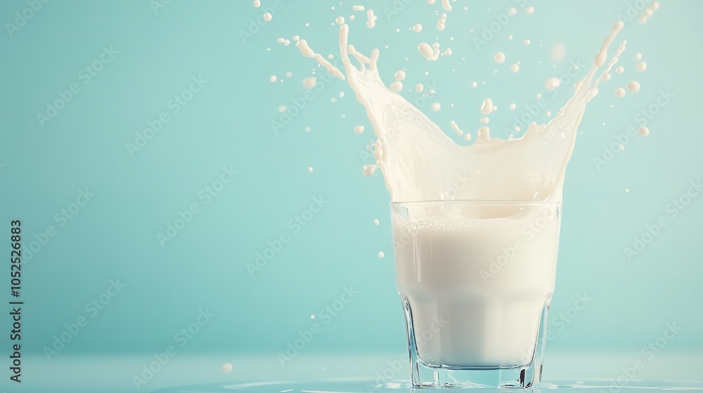 Milk flowing into a glass with an elegant splash effect, complemented by a light blue background Milk flowing into a glass with an elegant splash effect, complemented by a light blue background