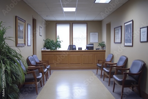 Empty waiting room with chairs and reception desk