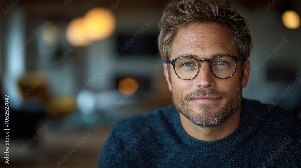A man with glasses smiles warmly while sitting indoors, enjoying a cozy atmosphere in a well-lit modern setting A man with glasses smiles warmly while sitting indoors, enjoying a cozy atmosphere in a well-lit modern setting