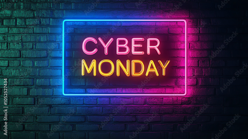 Cyber Monday Neon Sign on Brick Wall Background Cyber Monday Neon Sign on Brick Wall Background