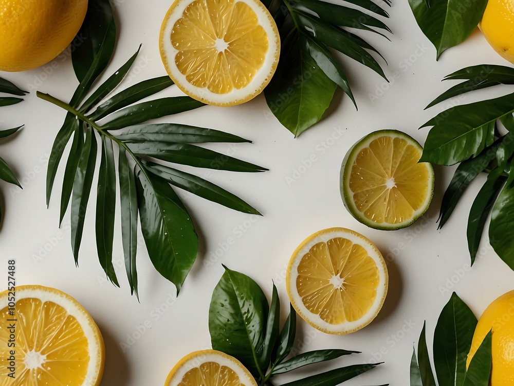 Palm leaves with lemon and lime slices on white Palm leaves with lemon and lime slices on white
