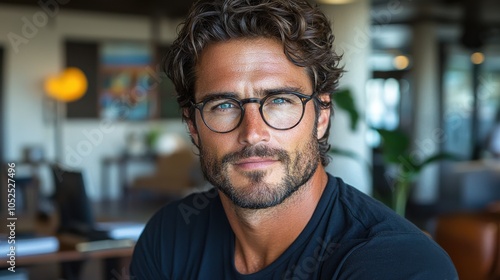 A young man with curly hair and glasses gazes confidently at the camera in a bright, modern workspace during daytime