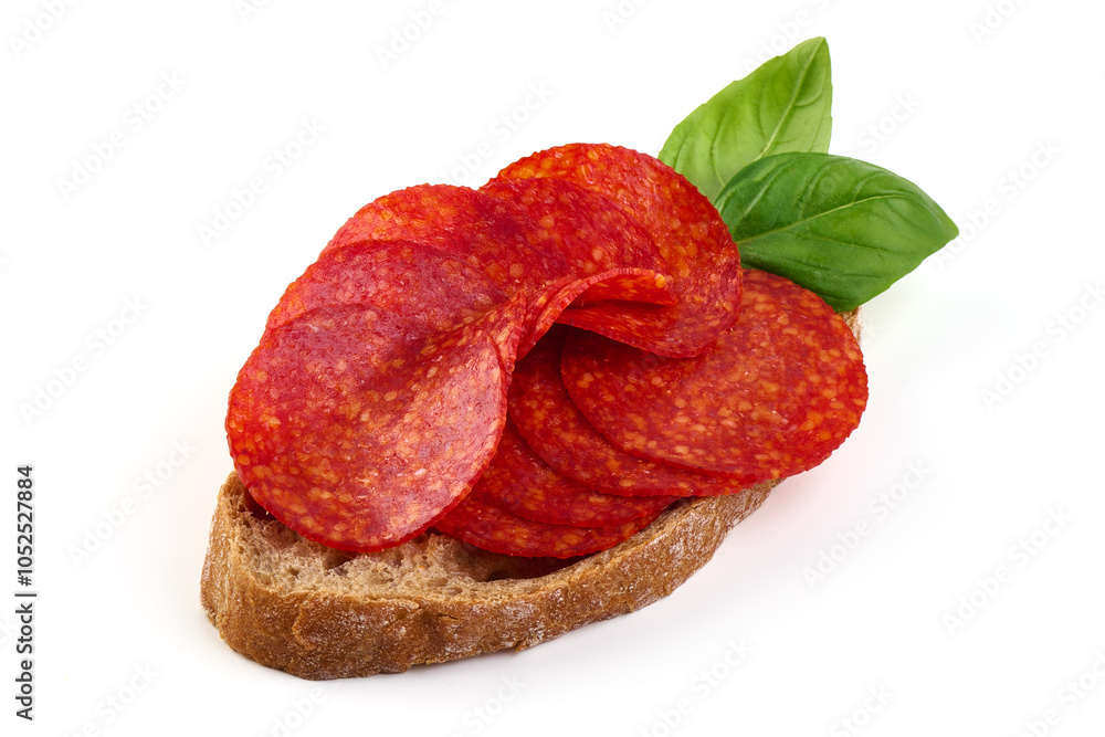 Bruschetta with chorizo sausage, isolated on white background. High resolution image. Bruschetta with chorizo sausage, isolated on white background. High resolution image.
