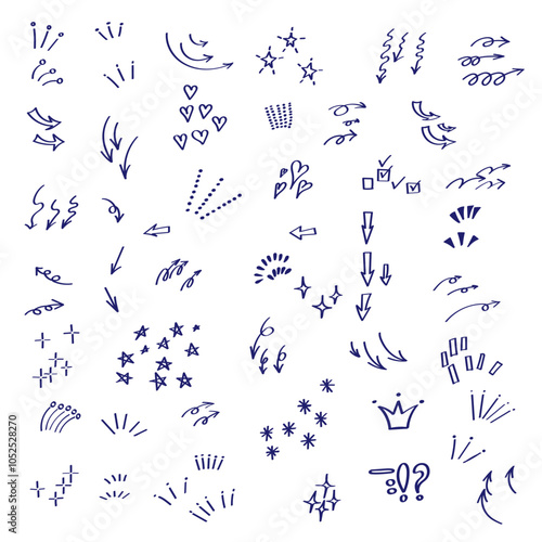 Hand-drawn doodle set with arrows and hearts. Vector illustration.