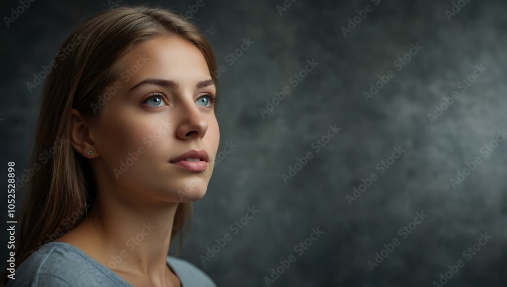 Pretty young woman expressing emotions in a reflective profile shot. Pretty young woman expressing emotions in a reflective profile shot.