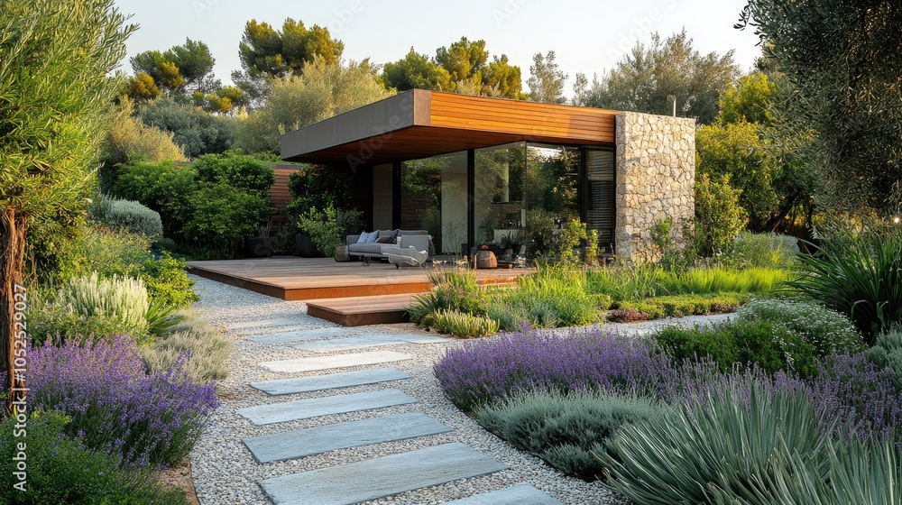 Fototapeta premium Modern Eco-Friendly Home with Lush Garden and Stone Pathway