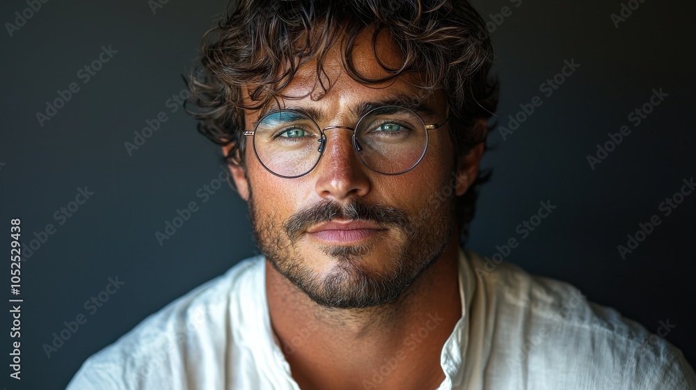 Close-up portrait of a man with curly hair and glasses, showcasing a serious expression against a dark background Close-up portrait of a man with curly hair and glasses, showcasing a serious expression against a dark background
