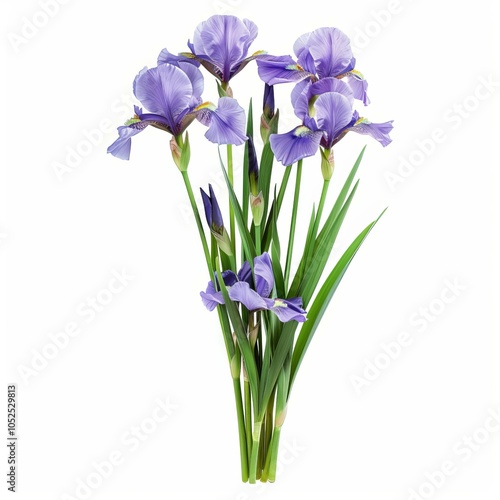 Purple iris flowers blooming with green leaves on a white background