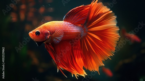 A vibrant orange betta fish gracefully swims through a dark aquatic environment.