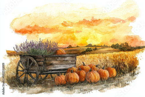 A serene autumn landscape featuring a rustic cart filled with lavender flowers, surrounded by pumpkins under a golden sunset. photo