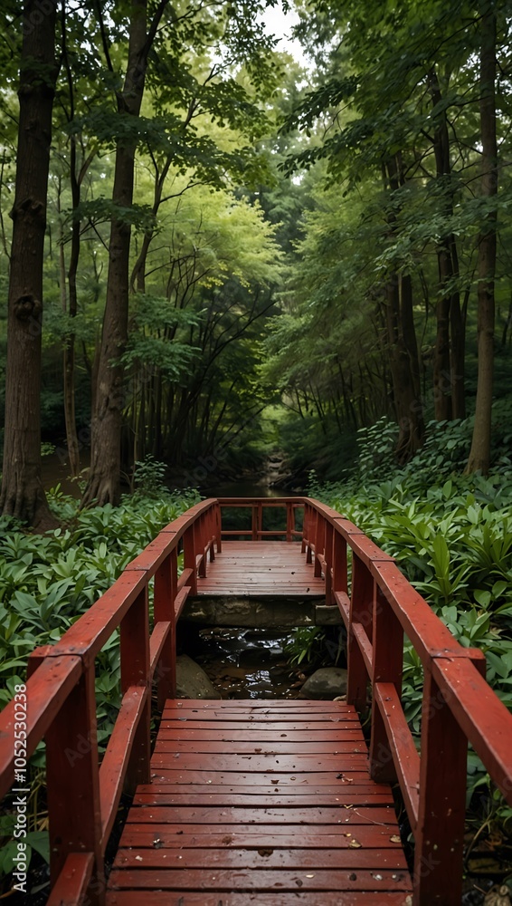 Obraz premium Red wooden bridge in a forest park