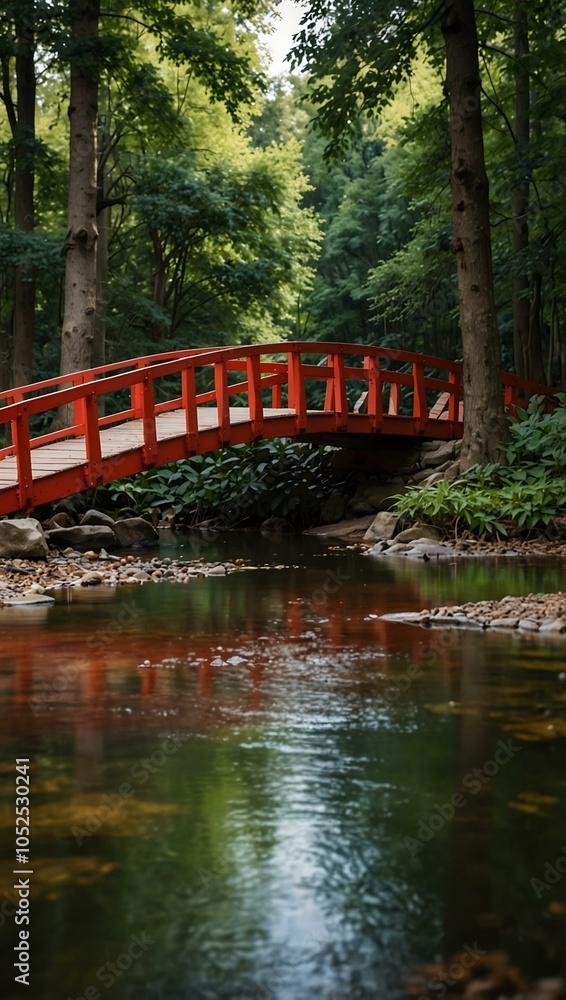 Red wooden bridge in a forest park Red wooden bridge in a forest park