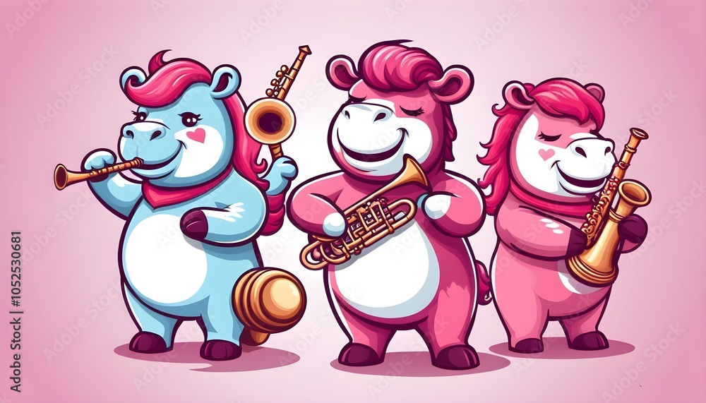 Cartoon bears joyfully playing musical instruments in a lively jam ...