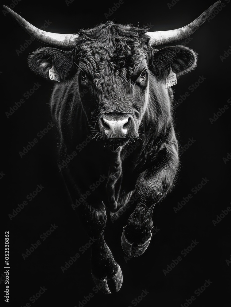 Powerful Black Bull on Dark Background Powerful Black Bull on Dark Background