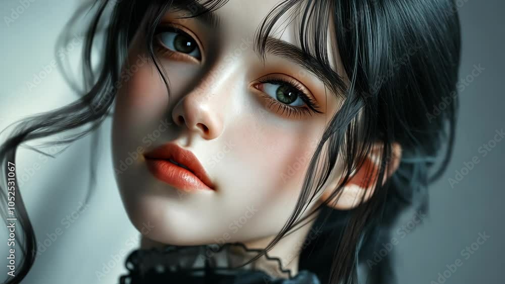 A close-up portrait of a woman with dark hair and a delicate gaze A close-up portrait of a woman with dark hair and a delicate gaze