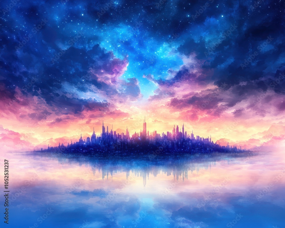 Obraz premium A serene landscape with a colorful skyline reflected in tranquil water under a mystical, starry sky.