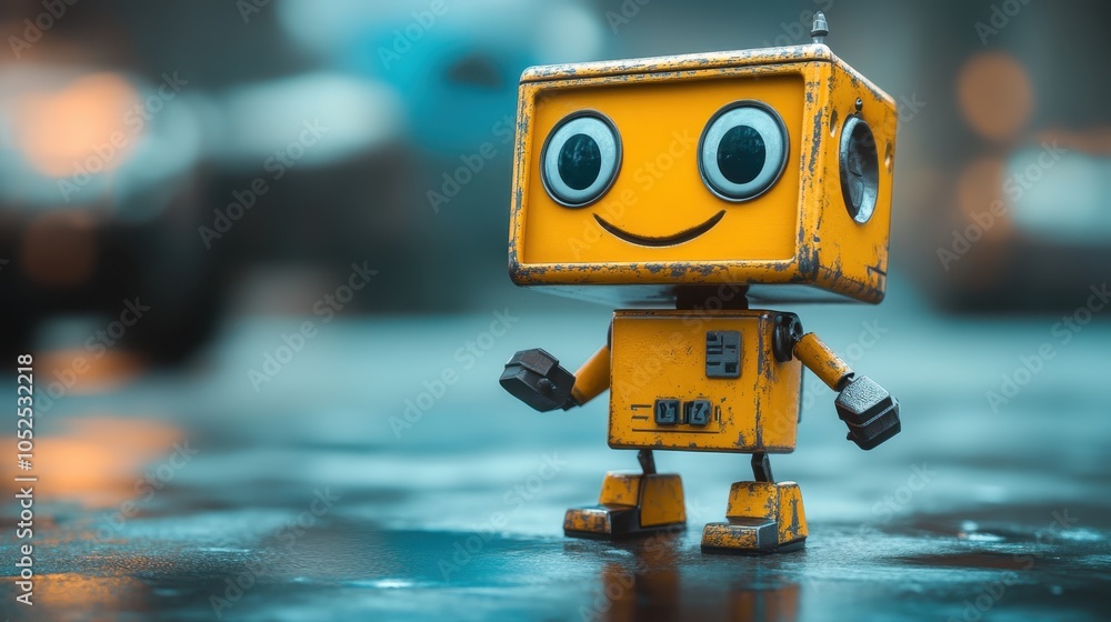 Cute Yellow Robot on Urban Background Cute Yellow Robot on Urban Background