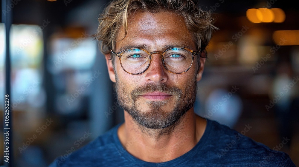 A handsome man with glasses poses confidently in a cozy café setting during the afternoon A handsome man with glasses poses confidently in a cozy café setting during the afternoon