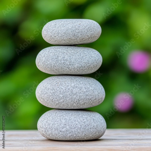 Four smooth stones stacked in a balanced arrangement on a wooden surface.