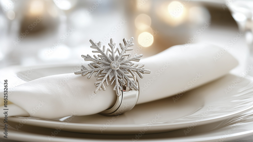Elegant white napkin with a silver snowflake ring, perfect for festive table settings. High-detail, photorealistic close-up capturing a refined holiday ambiance on a clean, white plate Elegant white napkin with a silver snowflake ring, perfect for festive table settings. High-detail, photorealistic close-up capturing a refined holiday ambiance on a clean, white plate