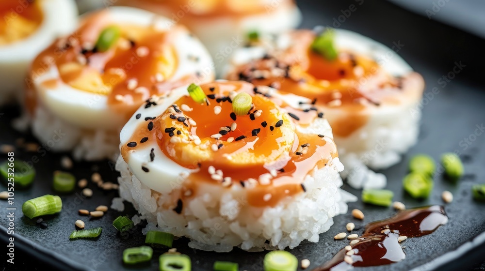 Delicious Sushi with Soft-Boiled Eggs and Sesame Seeds Delicious Sushi with Soft-Boiled Eggs and Sesame Seeds
