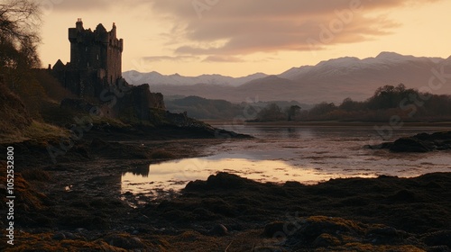 An ancient castle stands on a rocky shore, bathed in the golden light of sunset. The mountains in the distance are dusted with snow.