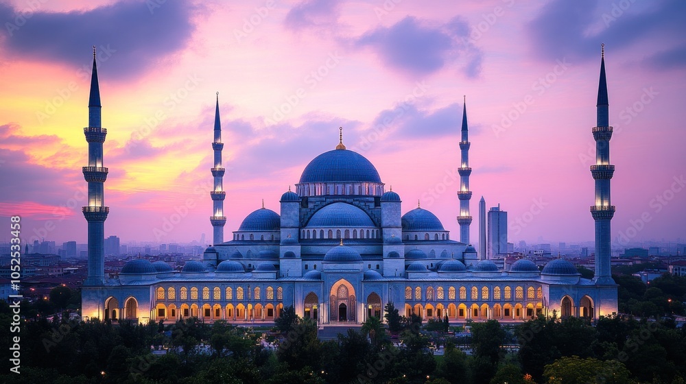 Obraz premium Majestic mosque with minarets against a vibrant sunset sky.