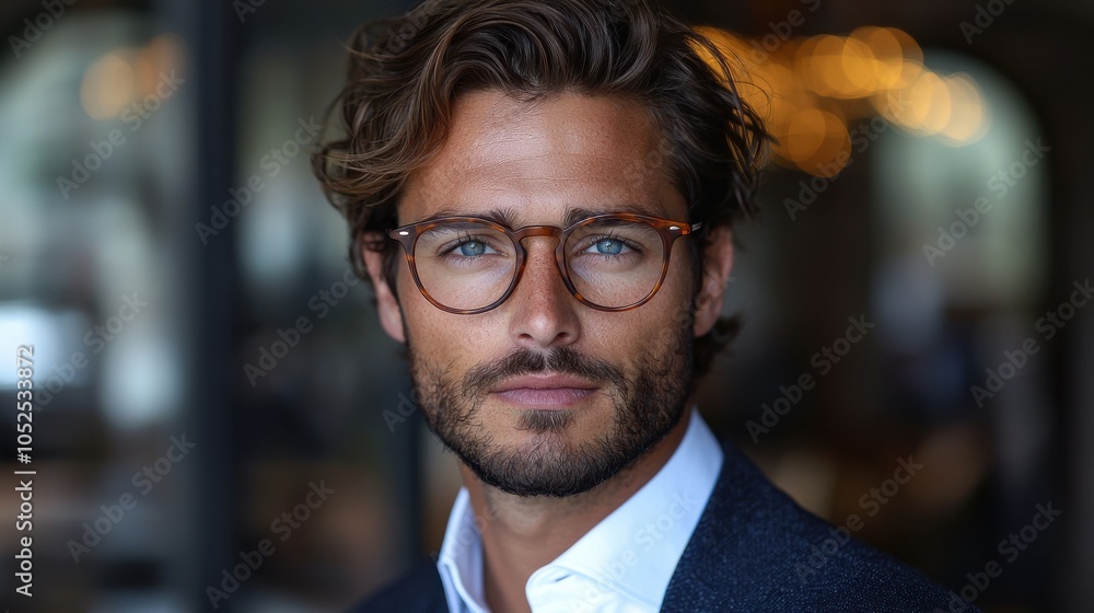 Smartly dressed man with glasses posing confidently in a stylish interior during the day