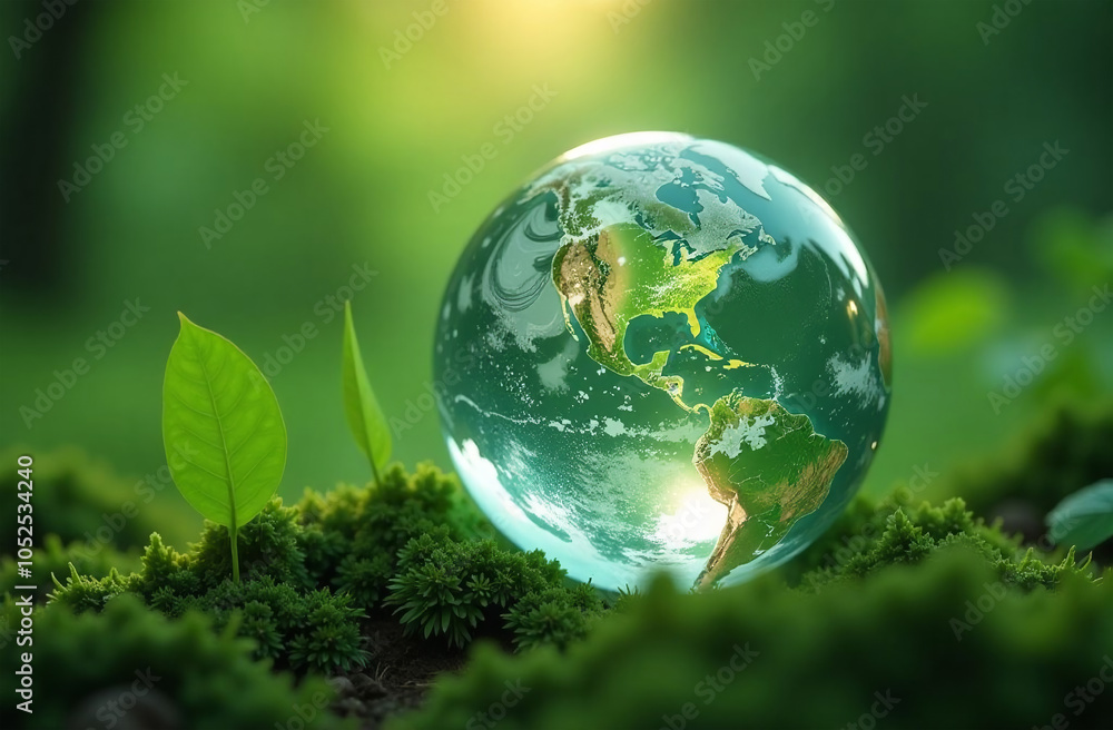 Globe with the image of the planet Earth in the forest. Globe with the image of the planet Earth in the forest.