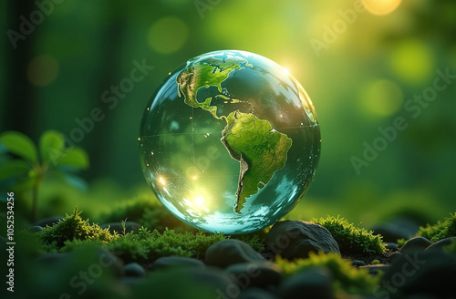 Globe on green moss background. Earth day concept. 3D rendering