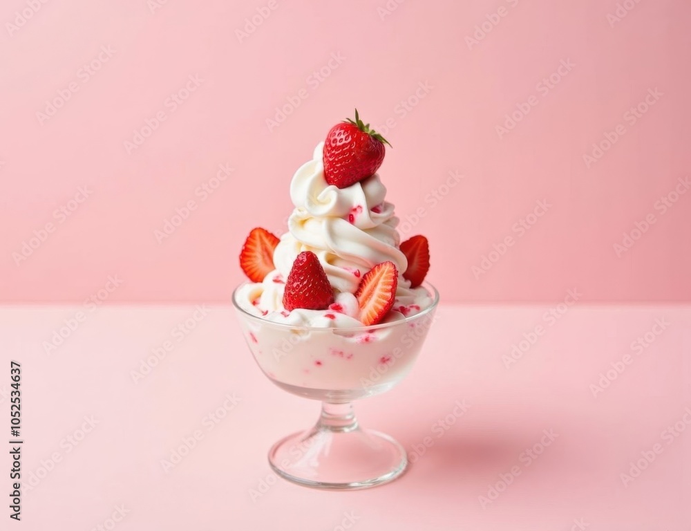 strawberry ice cream with strawberries in a glass cup