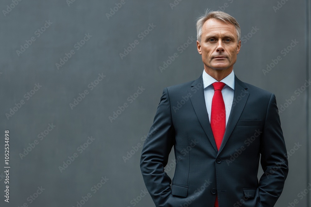 Confident businessman in a suit standing against a gray wall during a professional portrait session Confident businessman in a suit standing against a gray wall during a professional portrait session