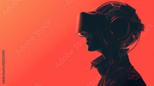 Futuristic vr experience: silhouette with virtual reality headset on bold background photo