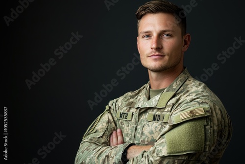 Portrait of a confident soldier in military uniform against a dark background