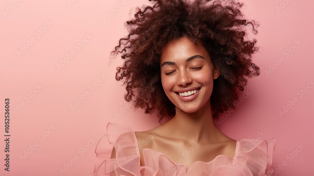 Joyful woman with natural curly hair wearing pink ruffled top on pink background Joyful woman with natural curly hair wearing pink ruffled top on pink background