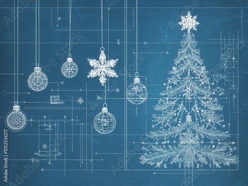 Christmas tree blueprint on blue background	
