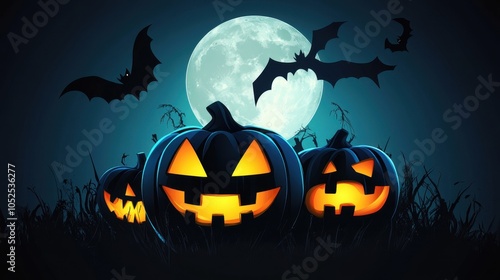 Spooky Halloween Night with Jack-o'-Lanterns and Bats