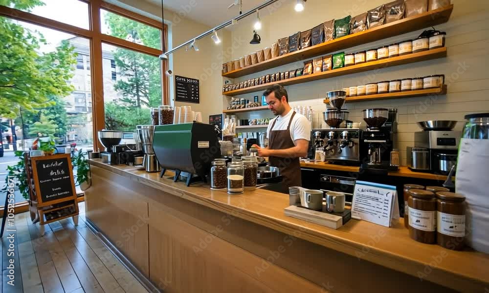 A barista prepares coffee in a cozy caf? with a bright, welcoming atmosphere. A barista prepares coffee in a cozy caf? with a bright, welcoming atmosphere.