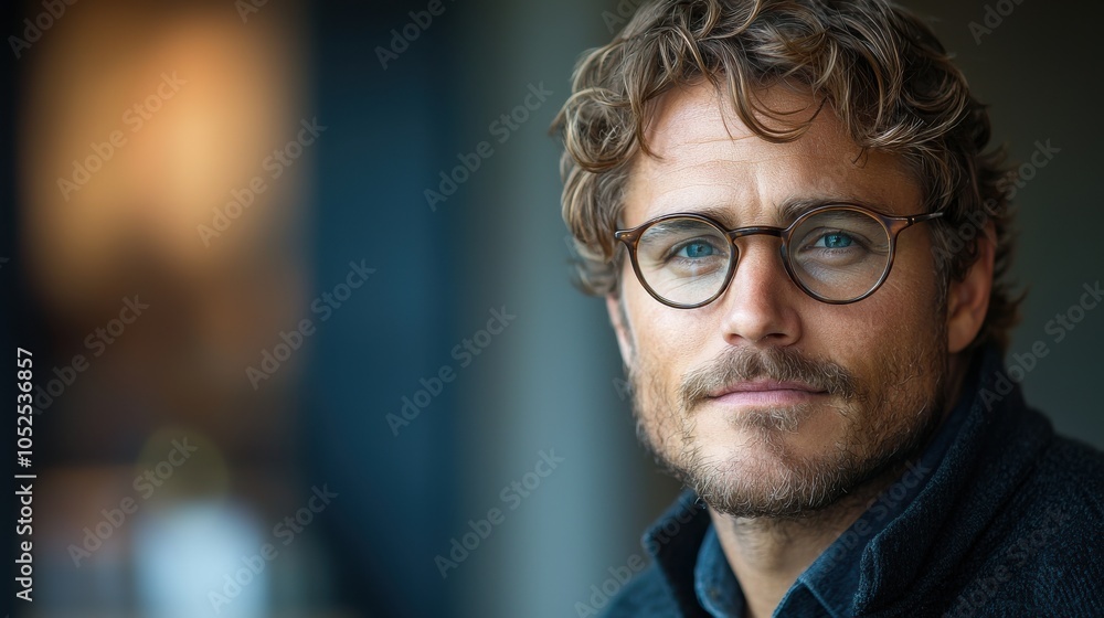 A young man with curly hair and glasses smiles warmly in a cozy indoor setting during daylight A young man with curly hair and glasses smiles warmly in a cozy indoor setting during daylight