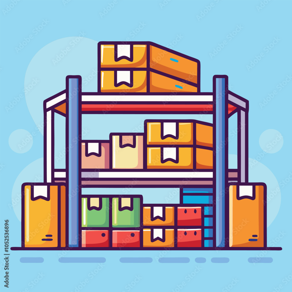 Fototapeta premium A cartoon image of a storage rack with boxes on shelves.