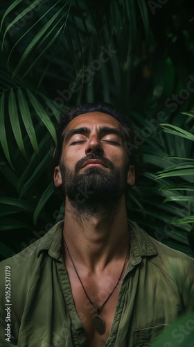 Man relaxing amidst lush tropical foliage in a serene jungle setting photo