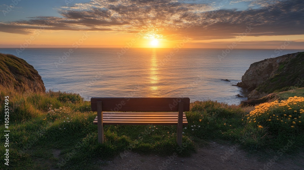 Sunset Over the Ocean with a Bench on a Clifftop Sunset Over the Ocean with a Bench on a Clifftop