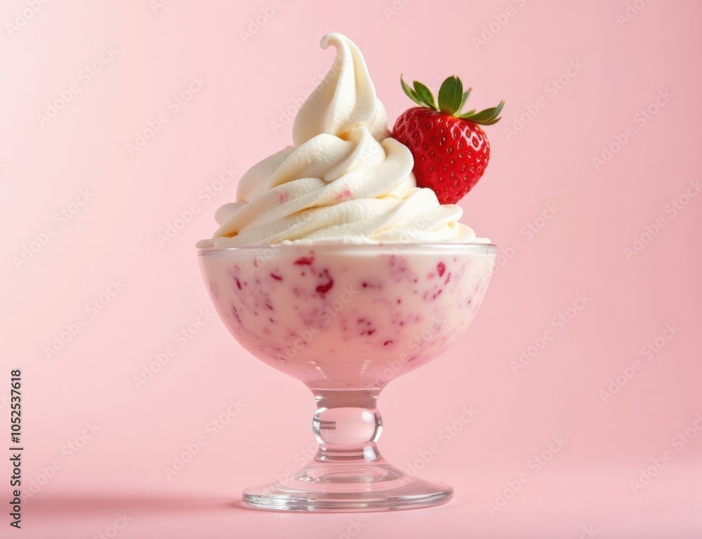 strawberry ice cream with strawberries in a glass cup