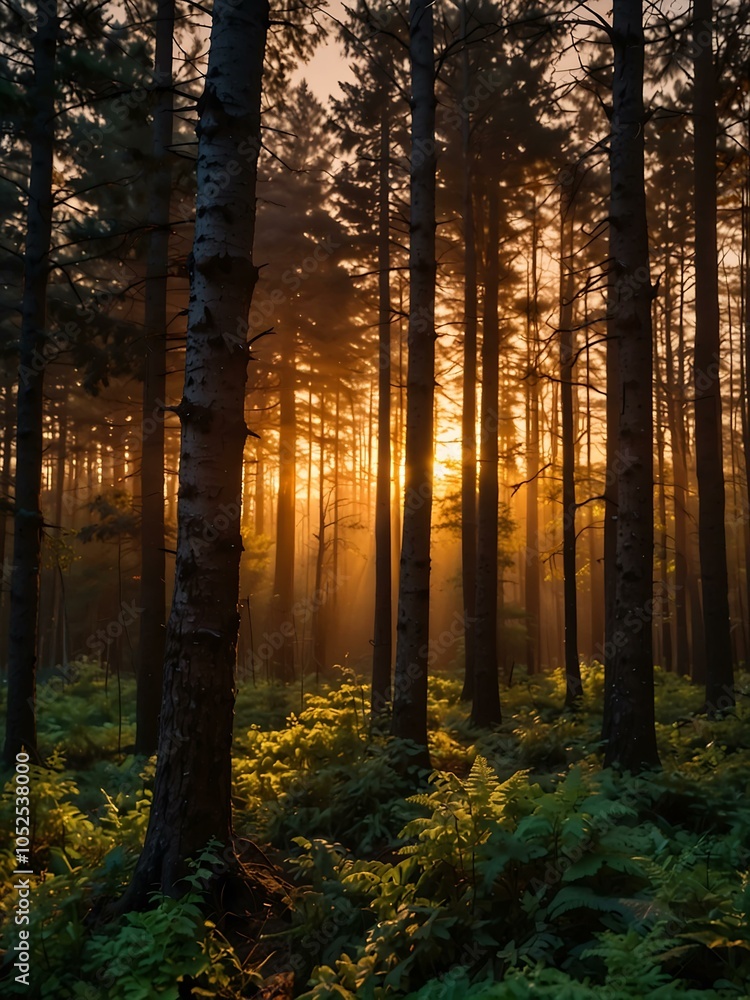 Obraz premium Sunset glowing through a forest