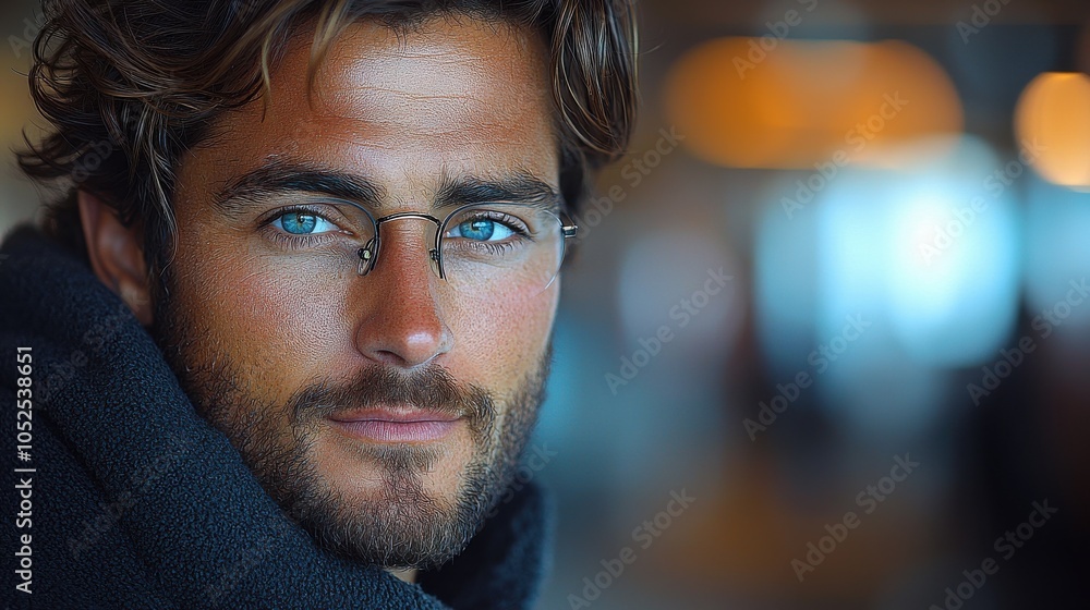 Close-up portrait of a man with striking blue eyes and facial hair wearing glasses in a cozy indoor setting during the day Close-up portrait of a man with striking blue eyes and facial hair wearing glasses in a cozy indoor setting during the day
