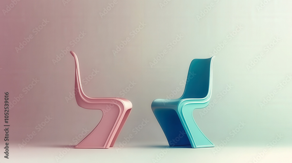 Two modern chairs face each other in a minimalist setting Two modern chairs face each other in a minimalist setting