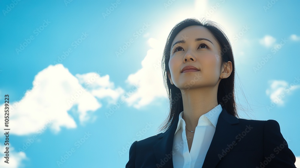 Portrait of a confident Asian businesswoman standing outdoors with a bright blue sky in the background, sunlight highlighting her professional attire Portrait of a confident Asian businesswoman standing outdoors with a bright blue sky in the background, sunlight highlighting her professional attire